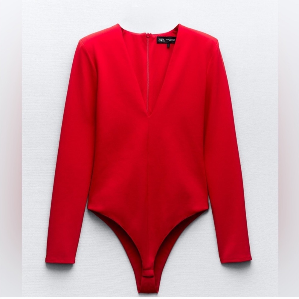 Zara red V-neck long sleeve body suit padded shoulders